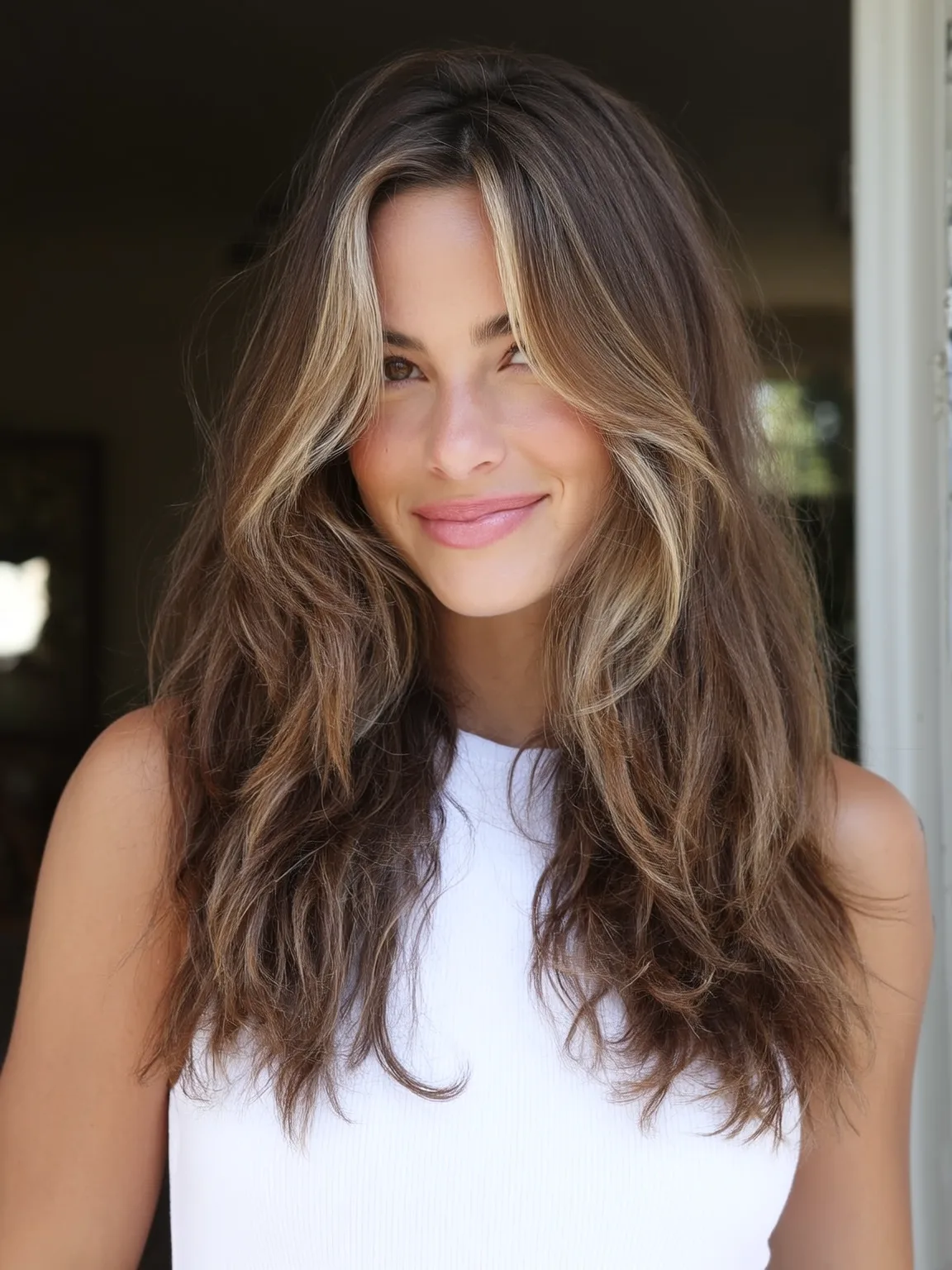 Long Warm Caramel Layers with Honey Highlights and Curtain Bangs